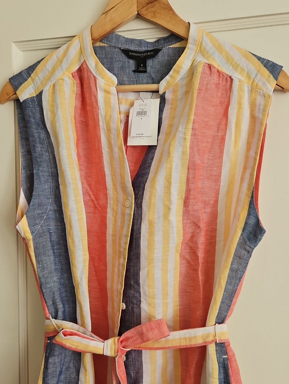 Banana Republic Coral, Yellow, Blue & White Striped Sleeveless Tie-Waist Dress